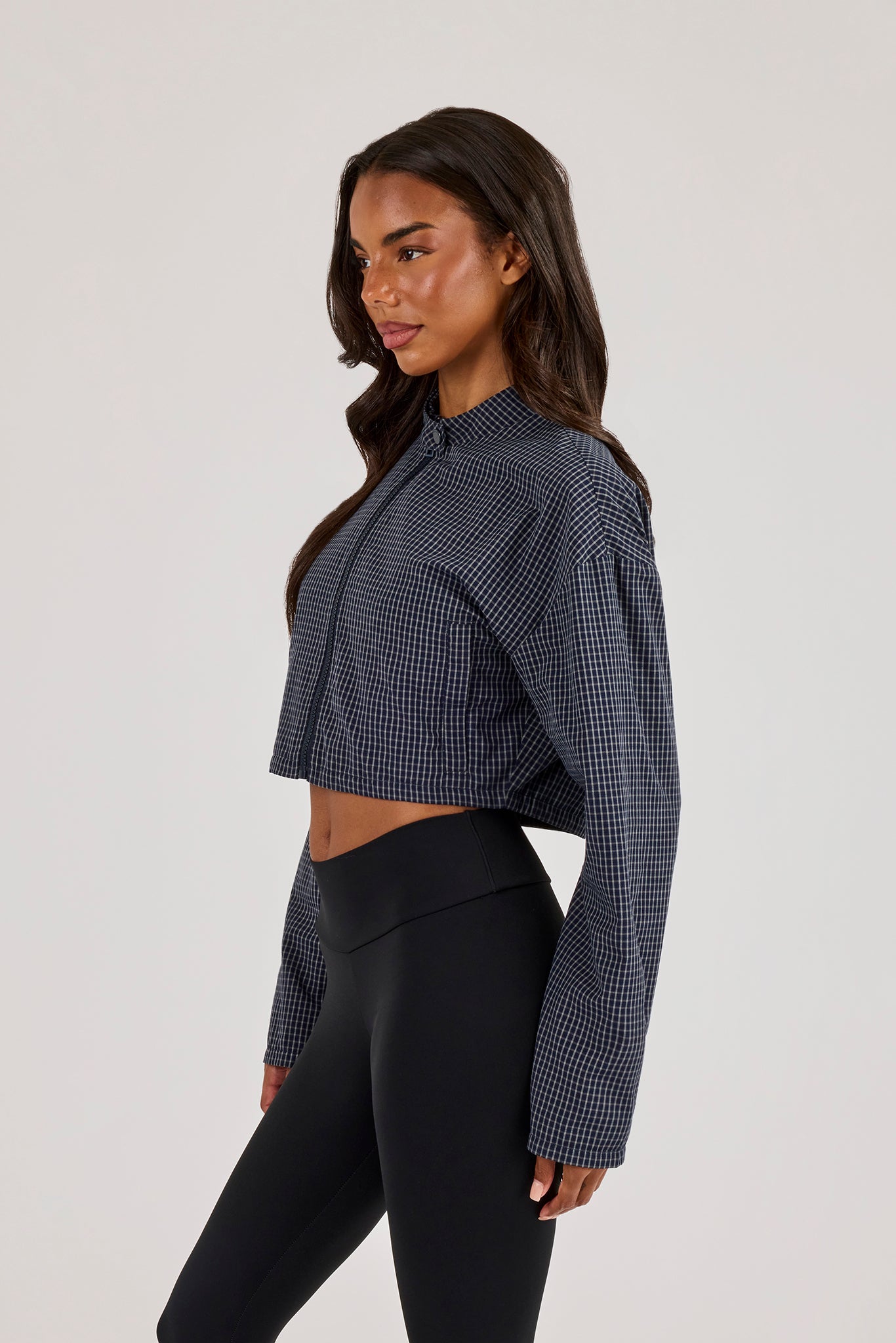 Check Funnel Neck Jacket - Navy